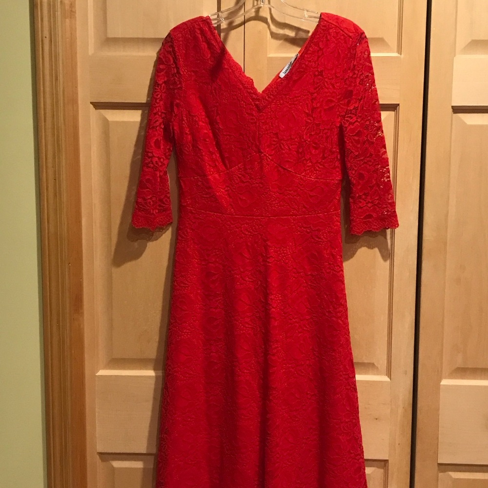 New Jasambac Chic 3/4 Sleeve Red Lace Dress